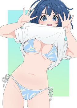 1girl aqua_background bikini blue_bikini blue_eyes blue_hair border breasts clothes_lift commentary_request cowboy_shot dateroonyan lifting_own_clothes looking_at_viewer make_heroine_ga_oo_sugiru! medium_breasts navel open_mouth outside_border print_bikini shirt shirt_lift short_sleeves side-tie_bikini_bottom smile solo standing stomach swimsuit white_border white_shirt yanami_anna