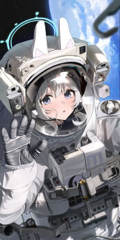 1girl absurdres astronaut blue_archive blue_halo commentary commission earth_(planet) gloves halo hand_up helmet highres in_orbit looking_at_viewer miyako_(blue_archive) parted_lips planet purple_eyes rega solo space space_helmet spacesuit star_(sky) white_hair zero_gravity