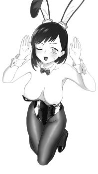 1girl @_@ absurdres animal_ears boku_no_kokoro_no_yabai_yatsu bow bowtie breasts commentary detached_collar fake_animal_ears full_body greyscale hands_up high_heels highres hiphighs ichikawa_kana kneeling large_breasts leotard meganeura224 monochrome nipple_slip nipples one_eye_closed open_mouth pumps rabbit_ears rabbit_pose short_hair simple_background small_sweatdrop solo strapless strapless_leotard v-shaped_eyebrows wing_collar