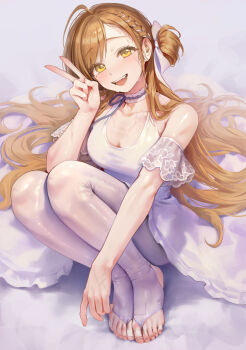 Rule 34 | 1girl, absurdres, asha (bangsom), ballerina, ballet class clothes, bandaged foot, bandages, bangsom, bare shoulders, blush, braid, braided bangs, breasts, brown eyes, brown hair, bruise, bruise on leg, choker, cleavage, collarbone, commentary, dress, english commentary, feet, frilled choker, frills, hair bun, hair ribbon, highres, injury, long hair, looking at viewer, mole, mole under eye, original, pantyhose, ribbon, sitting, solo, sweat, toeless legwear, toes, v, very long hair, white choker, white dress, white pantyhose