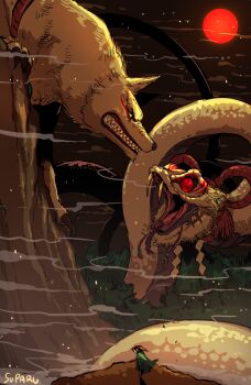 1boy amaterasu_(ookami) animal beard cape character_check claws cliff cloud copyright_check embers face-to-face facial_hair forest forked_tongue growling hat highres horns moon mountain nature night ookami_(game) oversized_animal perched red_moon scales serpent shide signature slit_pupils snake suparu_(detteiu) tongue wolf