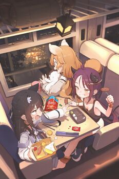 3girls absurdres ahoge angry animal_ear_fluff animal_ears backpack bag bag_of_chips black_hair black_shirt brown_fur brown_hair brown_jacket brown_tail child chips_(food) chopsticks commentary dog_ears dog_girl dog_tail domado english_commentary fang food fork frown grey_sailor_collar highres holding holding_fork horns jacket lantern long_hair long_sleeves looking_at_another multiple_girls night open_mouth original potato_chips purple_hair rice sailor_collar sausage shirt sitting sleeveless sleeveless_shirt smile smug tail teeth tongue train_interior white_shirt window yellow_eyes