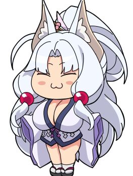 Rule 34 | 1girl, :3, animal ear fluff, animal ears, beads, blush stickers, breasts, chibi, cleavage, closed eyes, commentary request, dekapaiyukari, fox ears, hair beads, hair ornament, huge breasts, japanese clothes, kimono, parted bangs, ponytail, sandals, short kimono, sidelocks, socks, solo, touhoku itako, voiceroid, white hair, white kimono, wide sleeves, zouri
