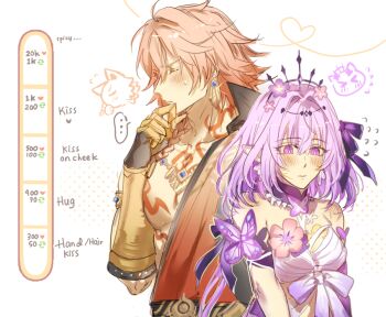 1boy 1girl armored_gloves bare_shoulders black_tiara blonde_hair breasts castorice_(honkai:_star_rail) chest_tattoo commentary dress english_commentary english_text flower gold_gloves hair_flower hair_ornament hetero honkai:_star_rail honkai_(series) kiss_meter_(meme) long_hair medium_breasts meme mydei_(honkai:_star_rail) nananasleep pointy_ears purple_eyes purple_hair red_tattoo short_hair tattoo tiara very_long_hair white_dress