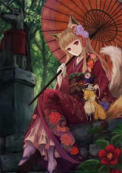 Rule 34 | 1girl, animal ears, bad id, bad pixiv id, blunt bangs, brown hair, dappled sunlight, day, emon (glossy black), female focus, floral print, flower, fox, fox ears, fox girl, fox statue, fox tail, hair flower, hair ornament, headpat, inari, japanese clothes, kimono, leaf, nature, oil-paper umbrella, original, outdoors, platform clogs, purple flower, red eyes, red flower, rose print, sandals, sash, sitting, solo, statue, sunlight, tail, tree, umbrella