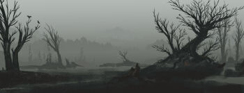 absurdres bare_tree bird cloud cloudy_sky commentary crow english_commentary fog grey_theme highres hill landscape lorenzo_lanfranconi no_humans original painterly plant_roots scenery sky tree tree_stump wetland