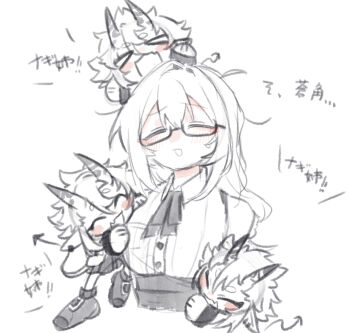 Rule 34 | 2girls, :d, ^ ^, blush, chibi, closed eyes, commentary request, demon girl, demon tail, glasses, greyscale, hair between horns, hand on another's chest, horns, monochrome, multiple girls, multiple views, oni, open mouth, semi-rimless eyewear, siiaka023, simple background, skin-covered horns, smile, soukaku (zenless zone zero), spot color, tail, translation request, tsukishiro yanagi, under-rim eyewear, white background, zenless zone zero