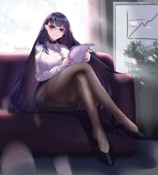 1girl absurdres agito_(agitoishere) alternate_breast_size_(larger) artist_name black_pantyhose black_skirt breasts commentary_request couch crossed_legs earrings glasses high_heels highres honkai_(series) honkai_impact_3rd huge_breasts id_card indoors jewelry large_breasts long_hair miniskirt office_lady on_couch pantyhose pencil_skirt purple_eyes raiden_mei raiden_mei_(apho) shirt sitting skirt solo very_long_hair white_shirt