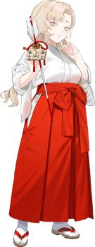 1girl arrow_(projectile) blonde_hair eidsvold_(kancolle) eidsvold_(miko)_(kancolle) ema full_body grey_eyes hakama hakama_skirt hamaya holding japanese_clothes kantai_collection kimono long_hair looking_at_viewer miko official_art red_hakama sandals skirt socks solo standing tabi transparent_background umihara_sakana white_kimono white_socks wide_sleeves