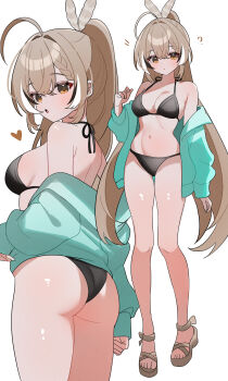 Rule 34 | 1girl, :o, ?, absurdres, ahoge, alternate costume, aqua cardigan, arm at side, ass, bikini, black bikini, black hair, blush, braid, braided bangs, breasts, brown hair, brown shoes, cardigan, cleavage, collarbone, commentary, double-parted bangs, feet, film grain, from behind, full body, hair between eyes, hair intakes, hand up, heart, highres, hololive, hololive english, huge ahoge, large breasts, long bangs, long hair, looking at viewer, multicolored hair, multiple views, nanashi mumei, navel, open cardigan, open clothes, orange eyes, parted lips, sandals, shiny skin, shoes, shusuchii, standing, stomach, streaked hair, swimsuit, untranslatable commentary, toes, turning head, very long hair, virtual youtuber, white hair
