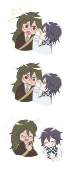 2boys ^^^ bag belt black_scarf blazer brown_jacket checkered_clothes checkered_scarf closed_mouth collared_jacket collared_shirt commentary_request cropped_torso danganronpa_(series) danganronpa_v3:_killing_harmony dark-skinned_male dark_skin from_side frown glasses gokuhara_gonta green_hair green_necktie hair_between_eyes hand_on_own_chest happy highres jacket lapels light_blush long_hair male_focus messy_hair multiple_boys necktie notched_lapels oma_kokichi open_mouth purple_eyes purple_hair r'l_(arul-erur-plant-403) red_eyes sad scarf sequential shirt short_hair shoulder_bag simple_background smile stifled_laugh surprised sweatdrop tearing_up trembling two-tone_scarf v-neck wavy_mouth whispering whispering_in_ear white_background white_belt white_jacket white_scarf white_shirt wrist_belt