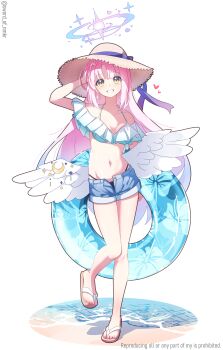 1girl absurdres alternate_costume bikini blue_archive blue_shorts commentary_request denim denim_shorts feathered_wings flip-flops frilled_bikini frills full_body grin halo hand_in_own_hair hand_up hat highres holding holding_swim_ring innertube long_hair looking_at_viewer low_wings mika_(blue_archive) murasame_(sword_of_nmkr) navel pink_hair pink_halo revision sandals short_shorts shorts smile solo standing standing_on_one_leg stomach sun_hat swim_ring swimsuit toenails very_long_hair white_background white_bikini white_wings wings yellow_eyes