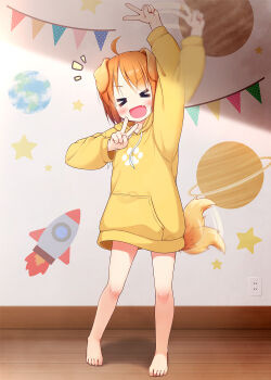 >_< 1girl :d afterimage ahoge animal_ears arm_up barefoot blush collarbone commentary_request dog_ears dog_girl dog_tail double_v drawstring facing_viewer fang full_body highres hood hood_down hoodie indoors inuarashi long_sleeves meiko_(inuarashi) notice_lines open_mouth orange_hair original puffy_long_sleeves puffy_sleeves smile solo standing tail tail_wagging v wooden_floor xd yellow_hoodie