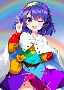Rule 34 | 1girl, ;d, blush, cape, commentary, cowboy shot, dress, hairband, hand up, highres, long sleeves, looking at viewer, multicolored dress, one eye closed, open mouth, print cape, purple eyes, purple hair, rainbow, rainbow hairband, ruu (tksymkw), short hair, sky print, smile, solo, tenkyuu chimata, touhou, two-sided cape, two-sided fabric, white cape