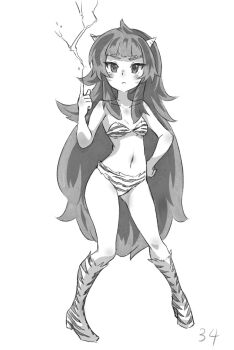 1girl animal_print bikini blunt_bangs boots commentary_request cosplay full_body green_eyes green_hair greyscale highres hiyajou_maho horns index_finger_raised looking_at_viewer lum lum_(cosplay) messy_hair monochrome navel sadarann science_adventure simple_background solo standing steins;gate steins;gate_0 swimsuit tiger_print white_background