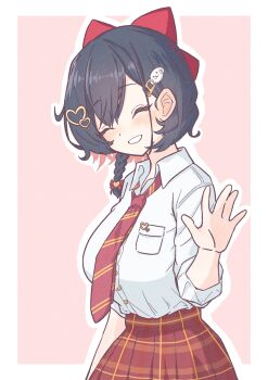 1girl ^_^ absurdres arm_at_side black_hair blush border bow braid breast_pocket breasts buttons chaeeunhan124 character_hair_ornament closed_eyes collared_shirt commentary_request cowboy_shot diagonal-striped_clothes diagonal-striped_necktie double-parted_bangs grin haedungi_(shirayuki_hina) hair_bow hair_ornament hand_up heart heart_hair_ornament highres korean_commentary large_breasts necktie outline outside_border pink_background plaid_clothes plaid_skirt pocket red_bow red_necktie red_skirt shirayuki_hina shirt shirt_tucked_in short_hair side_braid simple_background skirt smile solo stellive striped_clothes three-quarter_sleeves virtual_youtuber white_border white_outline white_shirt wing_collar