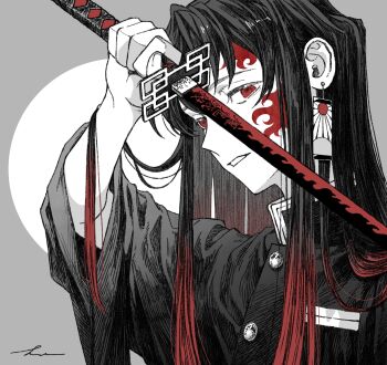 1boy arm_up black_hair buttons character_request demon_slayer_uniform earrings fingernails hanafuda_earrings high_collar highres holding holding_sword holding_weapon hsfa_2222 jewelry katana kimetsu_no_yaiba long_hair looking_at_viewer male_focus multicolored_hair parted_lips partially_colored red_eyes red_hair scar scar_on_face solo sword teeth two-tone_hair upper_body weapon