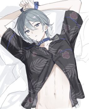 18trip 1boy arms_up bdsm black_shirt blue_collar bondage bound buttons collar collarbone floral_print grey_eyes grey_hair hachinoya_nagi hair_between_eyes highres lying male_focus medium_hair navel no_pants on_back on_bed open_clothes open_shirt pankajiru ponytail shirt short_ponytail solo stomach