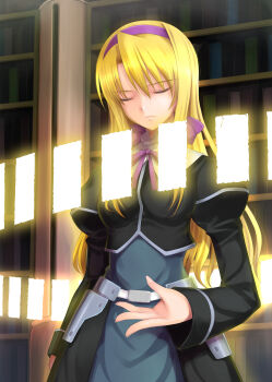 Rule 34 | 1girl, absurdres, blonde hair, bookshelf, breasts, carim gracia, closed eyes, closed mouth, highres, indoors, large breasts, lyrical nanoha, mahou shoujo lyrical nanoha strikers, mikazuki akira!, ribbon, solo, standing, weiss schwarz
