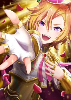 Rule 34 | animal ears, armor, blush, breasts, cape, commentary request, crown, fingerless gloves, gem, gloves, gold corset, green gem, hair between eyes, horse ears, horse girl, jewelry, long sleeves, looking at viewer, mini crown, multiple rings, open mouth, orange hair, otono (bkt4b), petals, pink cape, pink crown, purple eyes, reaching, reaching towards viewer, ring, shirt, short hair, shoulder armor, single fingerless glove, smile, solo, t.m. opera o (o sole suo!) (umamusume), t.m. opera o (umamusume), teeth, umamusume, upper teeth only, white gloves, white shirt