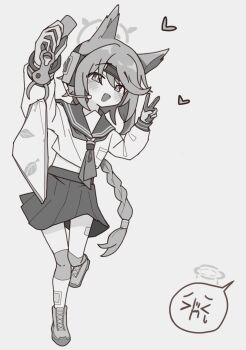 1girl absurdres animal_ears blue_archive boots fox_ears gloves grey_background greyscale halo headset heart highres long_braid long_hair long_sleeves looking_at_viewer monochrome neckerchief open_mouth otogi_(blue_archive) sailor_collar shirt simple_background skirt smile solo standing unworn_bikini_bottom v very_long_hair yungun_(dbsrjsdn0330)