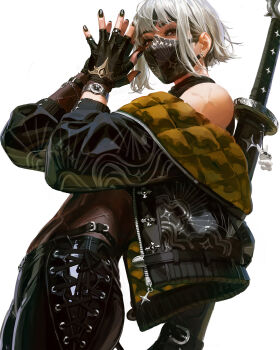 belt black_hair black_jacket black_mask black_nails black_pants black_shirt bodystocking charm_(object) commentary cowboy_shot cross cross-laced_slit cross_scar earrings fingerless_gloves from_side gloves guweiz hands_up highres inverted_cross jacket jewelry leather leather_pants looking_at_viewer mask multicolored_hair off_shoulder original padding pants patterned_clothing red_eyes scar scar_on_shoulder shirt short_hair sidelocks sleeveless sleeveless_shirt star_(symbol) stuffed_animal stuffed_rabbit stuffed_toy sword sword_on_back symbol-only_commentary two-tone_hair watch weapon weapon_on_back white_background white_hair zipper