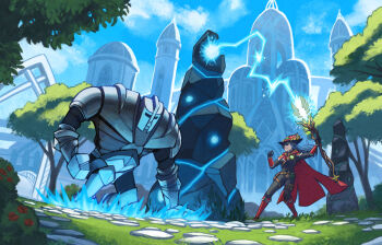 1girl absurdres architecture blue_fire blue_hair bodysuit boots breasts buckle cape city cloud cloudy_sky commission completionist_cape_(runescape) dang_(runescape) duellist's_cap_(tier_6) familiar fire fractured_staff_of_armadyl_(runescape) full_body gloves grass hat highres holding holding_staff kerri_aitken lightning long_hair medium_breasts obelisk original potion pouch rock rose_bush runes runescape second-party_source sky smile solo staff standing summoning titan tower tree weapon yellow_eyes