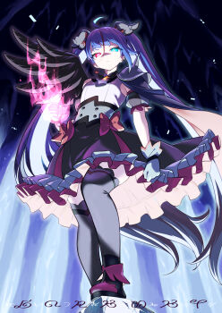 1girl absurdres ahoge ankle_boots armor black_dress black_shoes black_wings blue_cape blue_eyes boots bow brooch cape character_name clenched_hands closed_mouth commentary cure_sky cure_sky_(dark) cut_bangs detached_sleeves dress dress_bow earclip earrings english_text feathered_wings frilled_dress frills from_below frown gloves glowing_fist grey_dress grey_gloves grey_thighhighs hair_ornament half-closed_eyes heterochromia highres hirogaru_sky!_precure jewelry light_frown long_hair looking_at_viewer magical_girl multicolored_dress multicolored_hair pauldrons precure puffy_detached_sleeves puffy_sleeves red_bow red_cape red_dress red_eyes red_hair shoes shoulder_armor single_earring single_pauldron single_sidelock single_wing sleeveless sleeveless_dress solo sora_harewataru spiked_pauldrons spikes standing streaked_hair thighhighs two-sided_cape two-sided_fabric very_long_hair wind wing_brooch wing_hair_ornament wings yoko-ya_manjirou