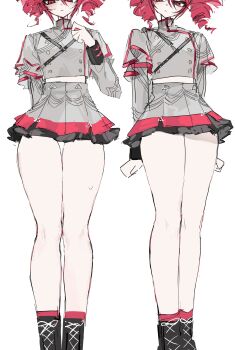 1girl absurdres black_boots boots drill_hair frilled_skirt frills grey_jacket grey_skirt hair_between_eyes highres jacket kasane_teto kasane_teto_(sv) lace-up_boots leg_focus looking_at_viewer midriff miniskirt multiple_views red_eyes red_hair simple_background skirt standing synthesizer_v thighs twin_drills ummwa utau white_background