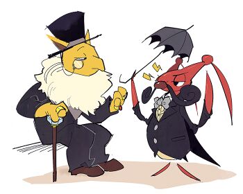 Rule 34 | 2015, 2boys, antennae, arthropod boy, black suit, brown shoes, bug, cane, commentary, english commentary, facial hair, full body, fur collar, gen 1 pokemon, gen 4 pokemon, half-closed eyes, hat, holding, holding umbrella, hypno, invisible chair, jewelry, kricketune, long nose, looking at another, monocle, monoka, motojima hakka, multiple boys, mustache, nintendo, notice lines, pokemon, pokemon (creature), pokemon focus, ring, shoes, simple background, sitting, standing, suit, top hat, umbrella, white background