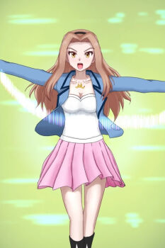 1girl blue_vest breasts brown_eyes cleavage commentary_request digimon digimon_adventure_tri. digimon_frontier henshin jewelry long_hair necklace shirt solo spirit_evolution tachikawa_mimi transformation vest white_shirt withlike