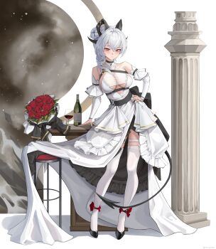 1girl absurdres alternate_costume alternate_hairstyle bare_shoulders black_horns black_shoes black_tail blush bottle bouquet breasts closed_mouth commentary cup curled_horns demon_tail dress drinking_glass flower full_body hair_between_eyes hand_on_own_hip hand_on_table highres horns looking_at_viewer medium_breasts medium_hair mole mole_on_breast mole_under_eye red_eyes riuv187567 see-through_cleavage see-through_clothes shoes solo standing tail thighhighs white_dress white_hair white_thighhighs wuthering_waves zani_(wuthering_waves)