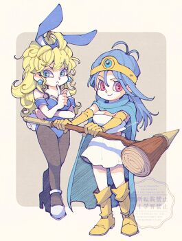 Rule 34 | 29qmatatavi, 2girls, animal ear hairband, animal ears, aqua cape, arm under breasts, black pantyhose, blonde hair, blue eyes, blue gem, blue hair, blue hairband, blue leotard, boots, border, breasts, cape, circlet, cleavage, curly hair, dragon quest, dragon quest iii, dress, earrings, elbow gloves, fake animal ears, fake tail, full body, gadabout (dq3), gem, gloves, gold circlet, grey background, hairband, high heels, highres, holding, holding staff, index finger raised, jewelry, leotard, long hair, looking to the side, multiple girls, off-shoulder leotard, pantyhose, pink eyes, playboy bunny, rabbit ears, rabbit tail, sage (dq3), shoes, smile, sphere earrings, staff, strapless, strapless dress, tail, white border, white dress, white shoes, yellow boots, yellow gloves