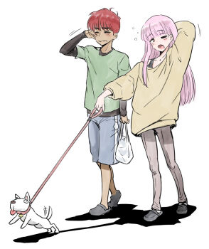 2boys bag blue_shorts commentary_request crocs dog full_body green_shirt grey_leggings hasukawa_kazuya henriiku_(ahemaru) holding holding_bag holding_leash kisaragi_shun koko_wa_greenwood leash leggings long_hair multiple_boys pet_walking pink_hair red_hair rubbing_eyes shirt short_hair shorts simple_background squeans sweater trap very_long_hair walking white_background white_dog