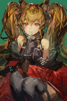 Rule 34 | 1girl, absurdres, angelina (arknights), animal ears, arknights, arknights: endfield, bare shoulders, black gloves, black thighhighs, brown hair, coat, commentary, fox ears, fox girl, gilberta (arknights), gloves, green background, hair between eyes, highres, kkuekkue (chifer1958), long hair, looking at viewer, off shoulder, red coat, red eyes, simple background, solo, squatting, thighhighs, twintails