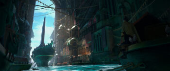 Rule 34 | 1boy, 1girl, absurdres, banner, blue sky, commentary, english commentary, fantasy, felixriano, flock, from behind, from side, highres, landscape, light rays, oar, original, painterly, sailing ship, scenery, ship, sky, town, tunnel, water, watercraft, waves