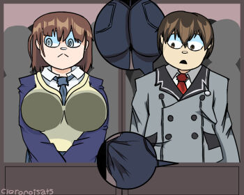 Rule 34 | 1boy, 1girl, against glass, ai-chan (tawawa), ass, blush, breast press, breasts, breasts on glass, bulge, cloronoisats (artist), crossover, erection, erection under clothes, getsuyoubi no tawawa, huge ass, large breasts, okuma tanukichi, shimoneta to iu gainen ga sonzai shinai taikutsu na sekai, train