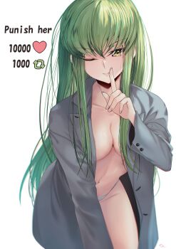 1girl absurdres artist_name breasts budgiepon c.c. coat code_geass collarbone female_focus green_hair highres long_hair looking_at_viewer medium_breasts no_bra one_eye_closed panties simple_background underwear white_background white_panties wink yellow_eyes