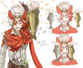 &gt;_&lt; 1boy :d anger_vein animal belt belt_pouch brown_belt facing_viewer fangs fish florian_brand florian_brand_(spirit_fox) grid_print highres holding holding_animal holding_fish identity_v jacket kanichan000 male_focus multicolored_hair multiple_views one_eye_covered open_mouth orange_hair orange_scarf pouch scarf shirt smile striped_blush translation_request two-tone_hair white_hair white_jacket white_shirt