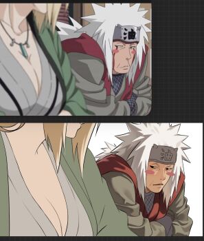 1boy 1girl blonde_hair blush breasts commentary_request crystal_necklace facial_mark forehead_protector green_haori haori highres huge_breasts japanese_clothes jiraiya_(naruto) kimono large_breasts looking_at_breasts luv_chan55 mature_female mature_male naruto_(series) scene_reference sketch tsunade_(naruto) white_hair