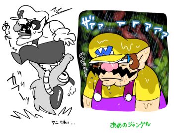 1boy big_nose biting brown_hair commentary_request crocodile crocodilian facial_hair fangs hoshi_(star-name2000) mustache nintendo open_mouth overalls pointy_ears purple_overalls rain screaming shirt tobawani wario wario_land wario_land_4 wet yellow_headwear yellow_shirt