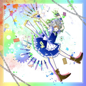 1girl analog_clock apron back_bow between_fingers blue_skirt blue_vest boots bow braid brown_boots card chain clock commentary frilled_skirt frills full_body green_bow grey_hair hair_bow highres holding holding_knife izayoi_sakuya knife knives_between_fingers long_hair looking_at_viewer maid maid_headdress playing_card red_eyes roman_numeral skirt solo touhou twin_braids vest waist_apron white_apron white_bow wrist_cuffs yuya_(euky8335)