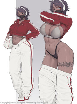 1girl bag black_hair black_mask black_panties bra breasts clothes_lift commentary_request dark_skin full_body grey_bra grey_eyes headphones highres hood hoodie hoodie_lift large_breasts leg_tattoo looking_at_viewer mask mouth_mask original panties pants red_hoodie shoes short_hair shoulder_bag sneakers standing suerte sweatpants tattoo thong underwear undressing white_pants white_shoes