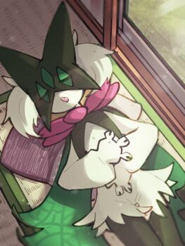 1other :o animal_hands black_fur body_fur closed_eyes fang furry green_fur green_hair highres indoors looking_at_viewer lying meowscarada nintendo on_back open_mouth other_focus pokemon pokemon_(creature) short_hair sleeping solo sstoh two-tone_fur upper_body window