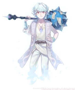 blue_gemstone bracelet cadwallon caesty clothing_request collarbone commentary_request dated_commentary full_body gem grin hair_between_eyes hand_on_own_hip holding holding_mace holding_weapon jewelry korean_commentary looking_at_viewer mace necklace nexon official_art ofuda over_shoulder pants production_art red_eyes short_hair simple_background single_bare_arm single_bracelet single_bracer single_sleeve smile smoke spiked_mace spikes standing stole tales_weaver talisman weapon weapon_over_shoulder white_background white_hair white_pants white_sleeves