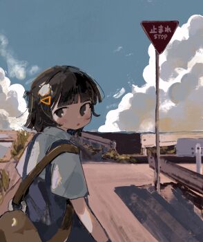 1girl :o black_eyes black_hair blue_dress blue_sky brown_bag cloud cumulonimbus_cloud dress hair_ornament hairclip highres mo_pemo_~tsupe original outdoors pinafore_dress road_sign shirt short_sleeves sign sky sleeveless sleeveless_dress solo turning_head white_shirt