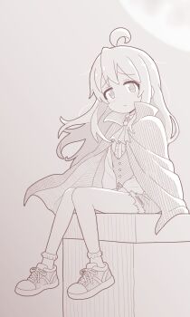 ahoge alternate_costume ascot bare_legs bobby_socks center_frills child cloak cutoffs frills frown full_body greyscale highres long_hair looking_at_viewer monochrome moon onii-chan_wa_oshimai! oyama_mahiro popped_collar rtbspecter shoes short_shorts shorts sneakers socks