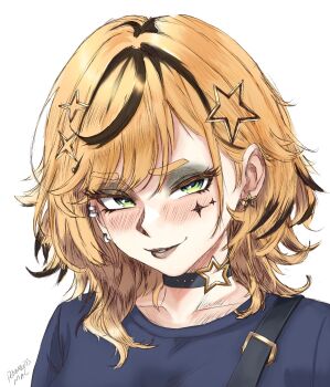 1girl black_choker black_eyeshadow black_streaks blonde_hair blue_shirt choker cross cross_facial_mark dooby earrings eyeshadow facial_mark green_eyes hair_ornament highres indie_virtual_youtuber jewelry makeup pennylessmac shirt simple_background solo star_(symbol) star_choker star_earrings star_hair_ornament virtual_youtuber white_background