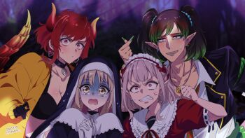 Rule 34 | 1boy, 3girls, anger vein, angry, black bustier, black choker, black dress, black hair, black veil, blush, breasts, brown hair, bustier, capelet, chili-tomato (gekikaraya), choker, cleavage, clenched hand, clenched teeth, commentary request, crossdressing, crossdressing (mtf), dola (4th costume) (nijisanji), dola (nijisanji), dragon horns, dragon tail, dress, earrings, elu (8th costume) (nijisanji), elu (nijisanji), eyeshadow, gloom (expression), gloves, gradient hair, green eyeshadow, green hair, green lips, grey hair, guimpe, hairband, hanabatake chaika, hanabatake chaika (3rd costume), heart, heart earrings, highres, hoop earrings, horns, jacket, jewelry, jitome, large breasts, lipstick, lolita hairband, long hair, looking at viewer, makeup, multicolored hair, multiple girls, nijisanji, nun, nun headdress, official alternate costume, pointy ears, puritan collar, red dress, red eyes, red hair, sanpaku, scared, shirt, short hair, short sleeves, sister claire, sister claire (1st costume), small sweatdrop, straight hair, tail, tearing up, teeth, textless version, twintails, upper body, veil, virtual youtuber, white capelet, white gloves, white shirt, wide-eyed, wispy bangs, yellow jacket