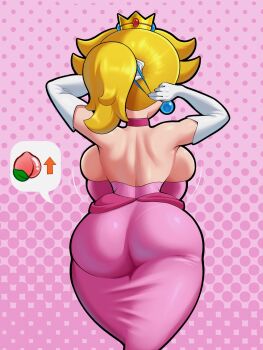 1girl arrow_(symbol) ass back backboob blonde_hair breasts bursting_breasts cowboy_shot crown dress earrings elbow_gloves female_focus food fruit gloves huge_ass huge_breasts jewelry mario_(series) nintendo paper_mario paper_peach peach pink_dress ponytail princess_peach shiny_skin skin_thigh skindentation sleepiitreat solo standing thick_thighs thighs white_gloves wide_hips
